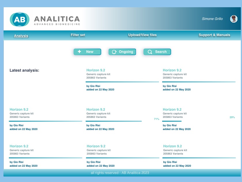 Interfaccia della piattaforma AB Analitica per le analisi su DNA