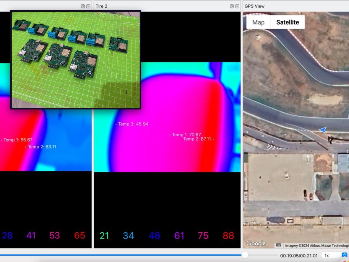 Schede elettroniche del sistema di monitoraggio pneumatici per Kart Republic e schermata dell’app con le mappe termiche